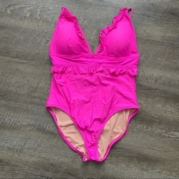 New J Crew Ruffle Deep V One Piece Swimsuit Neon Flamingo - Picture 3 of 6